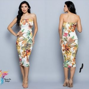 Floral Print Midi Strapless Dress